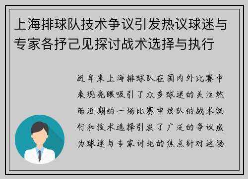 上海排球队技术争议引发热议球迷与专家各抒己见探讨战术选择与执行