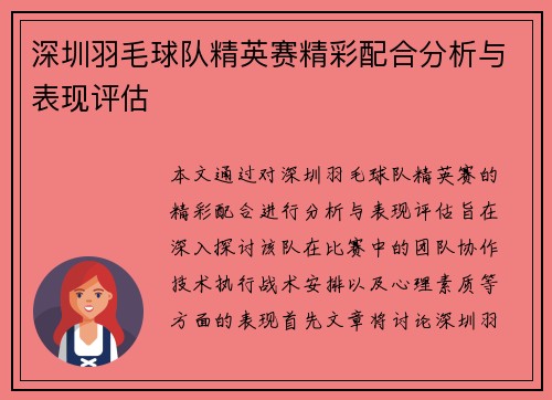 深圳羽毛球队精英赛精彩配合分析与表现评估